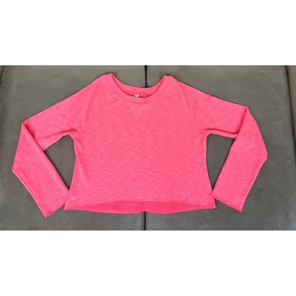 Under Armour Womens Medium Neon Pink Long Sleeve Crop Sweatshirt Raglan HeatGear